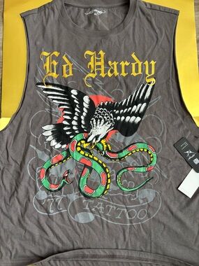 Ed Hardy Sleeveless Eagle Snake Tee/ Mens Size 2XL - Gray